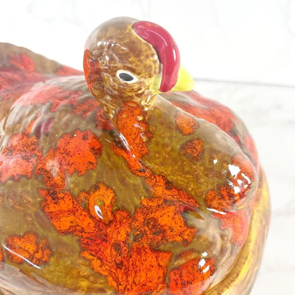 Vintage 1970s Ceramic Turkey Tureen with Lid Drip Glaze Fall Casserole Dish